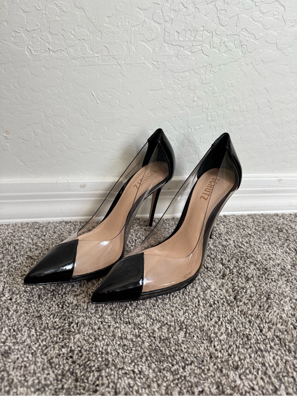 SCHUTZ Black Patent Pointed-Toe Stiletto Pumps with Clear Panels